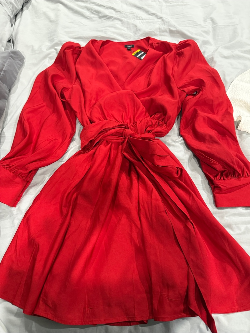 Express Red Long-Sleeve Wrap Dress with Tie Waist